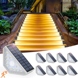 Kondras Motion Sensor Solar Stair Lights Outdoor, 8-Pack Super Bright LED Solar Powered Step Lights for Outside, 550LM IP67 Waterproof Outdoor Sensor Lights for Stair Porch Yard Deck, Warm White