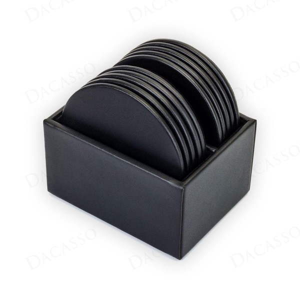 Dacasso 10 Coaster Set, Round w/Holder - Classic Black Leather