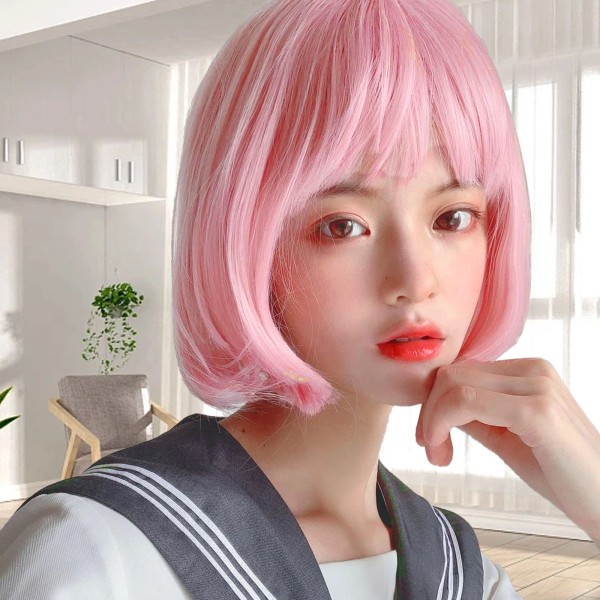 Unbranded Short Pink Bob Wig Headgear Fluffy Short Straight Bob