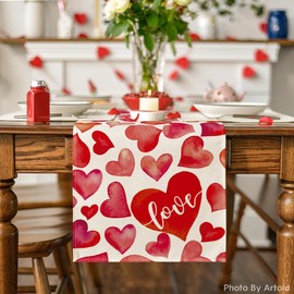 Artoid Mode Red Sweet Love Heart Table Runner, Anniversary Wedding Kitchen Dining Table Decoration for Home Party Decor 13x48 Inch