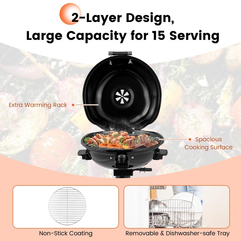 CHEFJOY 1600W Electric Grill Outdoor, 15-Serving Freestanding Camping Grill with