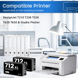 712 712XL Ink Cartridge 2-Pack 712 712XL 3ED71A Black Ink Cartridge Replacement for HP DesignJet T210 T230 T250 T630 T650 & Studio Plotter Printer