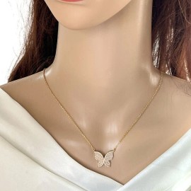 Butterfly Gold Plated Butterfly with Cubic Zirconia & Pearl Pendant Necklace.