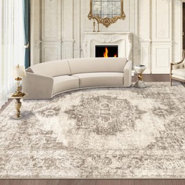 Area Rug 9x12 Vintage Rugs: Large Washable Indoor Medallion Rug Low Pile Distressed Floor Carpet Retro Accent Rugs for Living Room Bedroom Kitchen Dining Table Home Office(Taupe, 9'x12')