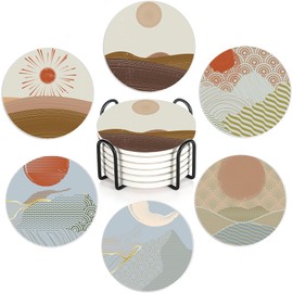 Drink Coasters with Holder,6 Pcs Japanese Style Sun Landscape Absorbent Ceramic Coasters with Cork Base,Cute Funny Table Drinks Coasters,Table Home Decor,4 Inches