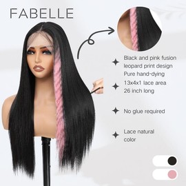 FABÉLLE Silky Straight Wig 26inch 13×4×1 Middle Part Lace Glueless Wig Pre Plucked Synthetic Lace Front Wig - Color: Pink Highlight