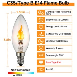 XIAOKALAMI E14 Flickering Flame Candle Bulb C35/Type B 2W 1800K Warm Decor Light 2-Pack