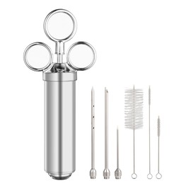 Brigii Meat Injector Syringe, 2oz Turkey Injector Seasoning, 304-Stainless Steel Seasoning Injector with 3 Marinade Needles and 3 Cleaning Brushes for Smoked BBQ Grilling, Silver