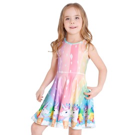LaBeca Girls Party Casual Printed Twirly Sleeveless Dress Icecream Unicorn L