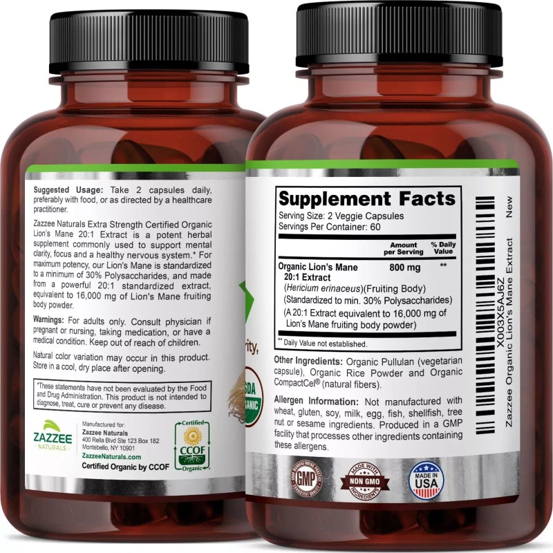 USDA Organic Lion's Mane 20:1 Extract, 16,000 mg Strength, 120
