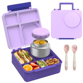Bento Lunch Box Set for Kids with 8oz Soup Thermo, Leak-Proof Lunch Containers with 4 Compartment, Thermo Hot Food Jar and Insulated Lunch Bag for Kids to School (Pale Purple)