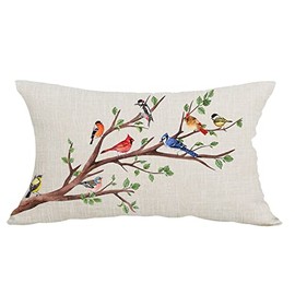 Cariwotan Ink Painting Watercolor Colorful Orange Birds Tree Summer Decorative Lumbar Pillowcase Throw Pillow Cover Case Chair Sofa Bed Home Decoration Cotton Linen Rectangular 12 x 20 Inches