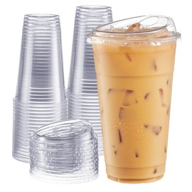 GUSTO Clear Plastic Cups with Lids [24 oz - 100 Count - Disposable Iced Coffee Drink Cups with Strawless Sip Lids for Smoothies, Juices, and More - (Formerly Comfy Package)