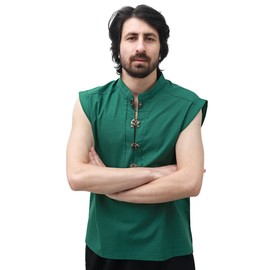 KUOIN Medieval Shirt for Men Linen Viking Pirate Sleeveless Tunic with Retro Button Green Brown