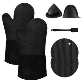 BAIRUI 7 Piezas Guantes de Cocina, Guantes Asador de Parrilla y Guantes de Horno y Soportes para Ollas,Guantes para Horno,Guantes para Cocina,Guantes Cocina Antideslizantes (Negro)