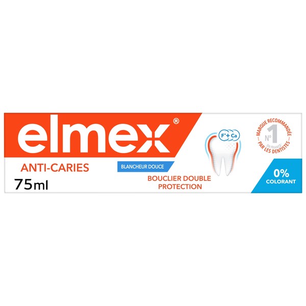 ELMEX - Dentifrice Elmex Anti-Caries Blancheur Douce 0 % Colorants - Caries - Dents Sensibles, Gencives Douloureuses, Protection de l'Email - 75 ml