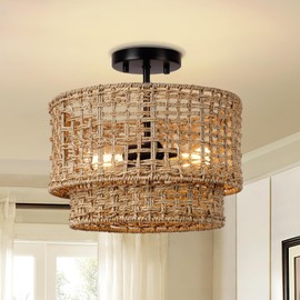 Boho Light Fixtures Ceiling Mount,13inch Semi Flush Mount Ceiling Light,Farmhouse Rattan Ceiling Light with 2-Tier Drum Shade,Bedroom Flush Chandelier for Nursery Kitchen Entryway Living Room