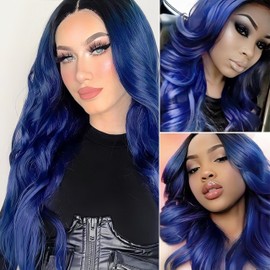 Blau Perücke Lange wellige Perücken für Frauen, Mittelteil flauschige lockige Perücke, natürlich aussehende synthetische hitzebeständige Faserperücken für die tägliche cosplay Partei