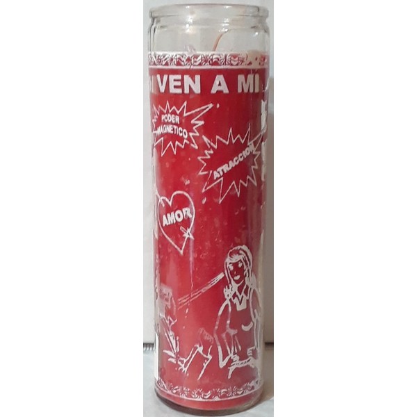 Veladora VEN A MI (Come to ME) En Color Rojo, 7-Day Unscented Red Candle in Glass