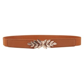 JAMAKALA Elastic Waist Belt,Waist Belt Vintage Thin Waist Belts,Metal Leaf Buckle Skinny Belt,Elastic Vintage Belt,Thin Belt Elasticated Belt For Women (Brown-A, Suitable for waist size 68-86cm)