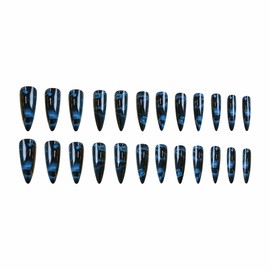 MERVF Long Stiletto Press on Nails Black Gothic Fake Nail Butterfly Print Design Glue ons Almond Blue Gradient Manicure Acrylic Dark Nails Supplies Art DIY for Women Glossy 24pcs