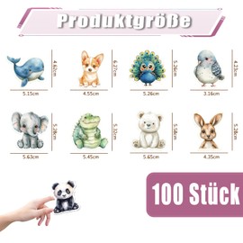 Pack of 100 Children's Stickers Animals with Cute Watercolour Animals Motifs, Stickers for Laptop, Phone, Water Bottle, Bicycle, Suitcase, Scrapbook, Photo Albums