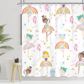 Ufeela Princess Shower Curtain Kids Girls Rainbow Ballet Cute Girly Lovely Dancing Colorful Kawaii Star Moon 60Wx72L Inch Bathroom Set Child Toddler Nursery Bath Curtain Bathtub Accessories Home Decor