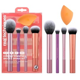 Real Techniques, Everyday Essentials, Set de Brochas de Maquillaje con Esponja Multifuncional, Kit de Accesorios Esenciales, Juego de Brochas para Maquillar Ojos, Mejillas y Rostro, 5 piezas