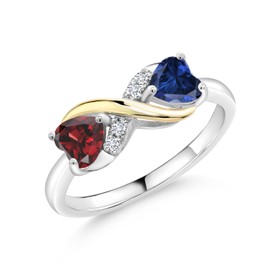 Gem Stone King 925 Sterling Silver and 10K Yellow Gold Red Garnet Blue Created Sapphire and Lab Grown Diamond Ring For Women (1.14 Cttw, Gemstone Birthstone, Available In Size 5, 6, 7, 8, 9)