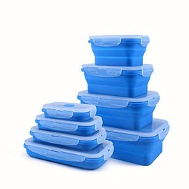LEISIDY 4 Pack Collapsible Silicone Food Containers Storage Lunch Bento Box with Lid BPA Free for Camping, Hiking (Blue, 4PC)