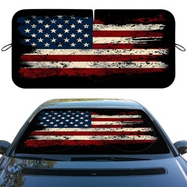 Jowvmq Patriotic American Flag Car Windshield Sunshade Folding, 59x31.5 Inch, Polyester, Red, White, Blue, Roll Up, Car Compatible
