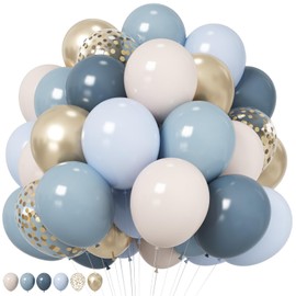 HILAVO HILAVO Dusty Blue Balloons 12 Inch Pastel Fog Blue Slate White Sand Metallic Gold Confetti Party Balloons Light Baby Blue White Gold Latex Balloon for Boy Baby Shower Birthday Wedding Party Decoration