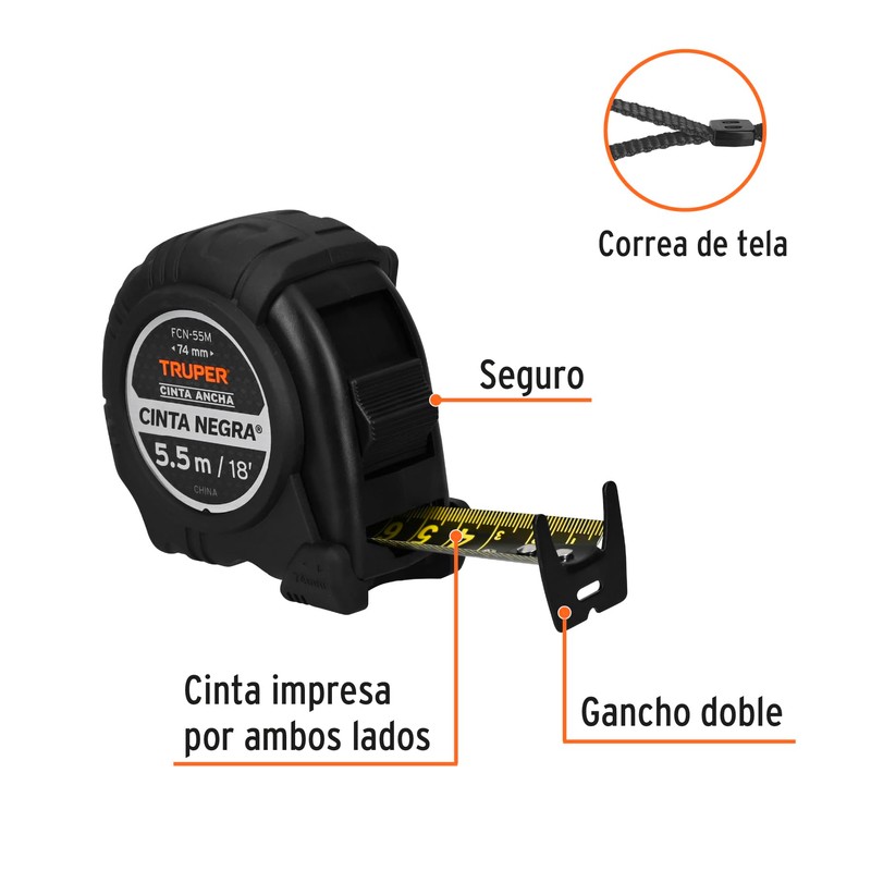 Truper FCN-55M, Flexómetro contra impactos 5.5 m, Cinta Negra 25