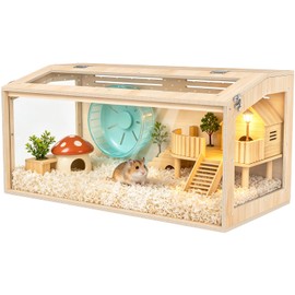XiaZ Hamster Cage,32Inch Large Hamster Cage with Panoramic View and Ventilated Top, Spacious Acrylic Glass Habitat for Syrian Dwarf Hamsters and Degus, Natural Wood Frame Enclosure