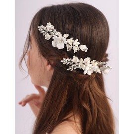 Rumtock 2pcs White Flower with Pearl Crystal Gold Hair Pins Set for Wedding Brides Handmade Hair Accessories (Gold)