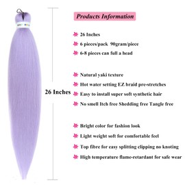 Lavender Purple Braiding Hair Pre Stretched Synthetic Fake Hair Extensions for Braiding 26 inch Kanekalo Long Hypoallergenic Micro Clean Therapy Prestretched Braiding Hair UPruyo (6 Packs)