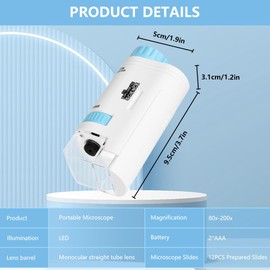 OSDUE Pocket Mini Small Microscope for Kids, Handheld Microscopes 80X-200X with LED, Portable Mini Microscope with 12pcs Microscope Slides for Students Microbiological Observation Learning (Blue)