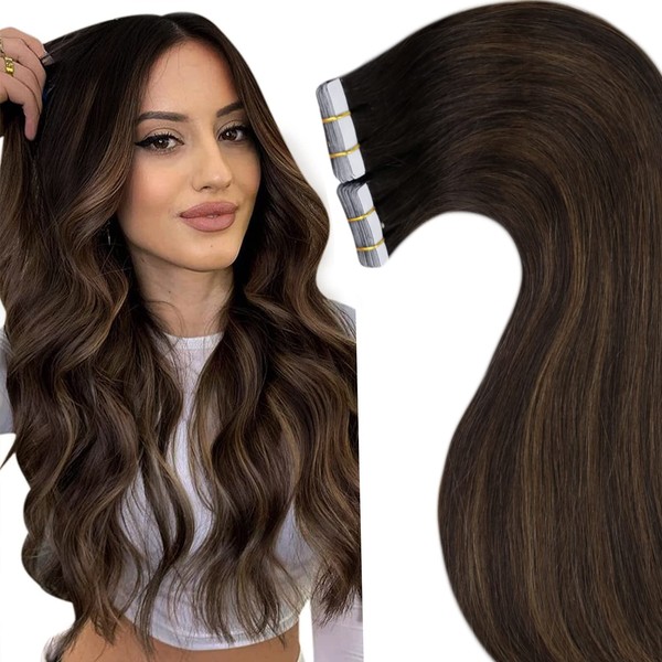 LaaVoo Tapes Hair Extensions Real Hair Brown Ombre Seamless Human Hair Skin Weft Darkest Brown Balayage Light Brown Real Hair Tape On Extensions 50 g / 20 Pieces #2/2/8 18 Inches / 45 cm