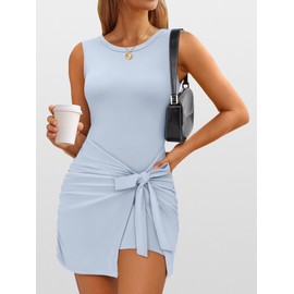 ANRABESS Women Summer Sleeveless Bodycon Tie Waist Romper Skort Mini Tennis Athletic Dress Built Shorts Casual Vacation Dress Light Blue Medium