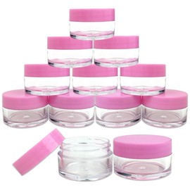 Beauticom 12 Piece 20g/20ml USA Acrylic Round Clear Jars with Lids for Lip Balms, Creams, Make Up, Cosmetics, Samples, Ointments and other Beauty Products (Pink Lid (Flat Top))