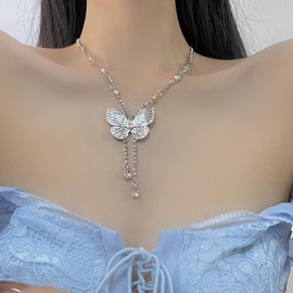 Butterfly Necklaces for Women Rhinestone Butterfly Tassel Necklace Pearl Beaded Butterfly Pendant Necklace Silver Crystal Butterfly Choker Trendy Butterfly Gifts for Women