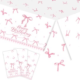 3-Pack 54 x 108 Inch Birthday Theme Plastic Tablecloth - Disposable Rectangle Table Cover with Happy Birthday Design and Bowknot Pattern for Birthday Party, Celebration, Festive Decorations (Pink)