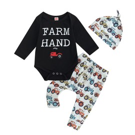 SAYOO Baby Boy Cowboy Outfit Newborn Western Country Boy Clothes Cow Print Letter Bodysuit+Long Pants+Cap 3pcs Fall Clothes (Black Farm Hand, 3-6 Months)