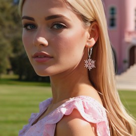 EVER FAITH Snowflake Earrings Austrian Crystal Winter Snowflake Hoop Pierced Dangle Earrings Pink Silver-Tone
