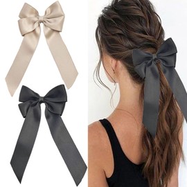 SALOCY Pink Bows,Pink Ribbon Bows for Hair Big Satin Bows Pink Hair Accessories Hair Ribbons for Women Hair Design (Black&Khaki)