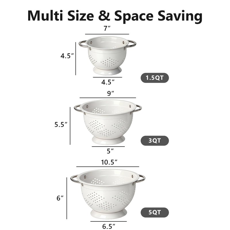 Hillbond Colander Set for Kitchen, 1.5, 3, 5 Qt Stainless