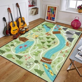 PeeNoke Camping map Summer Camp Nature Clip Art Infographic Elements Mountains Area Rug Outdoor Patio Rug Play Mat Modern Floor Carpet Non-Slip Home Decor Living Room Kids Bedroom Nursery, 6x9 ft