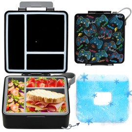 Chill Bento Lunch Box,Bento Box with Ice Pack,Leak Proof 10-Compartment Lunch Container,Ice Pack Detachable Lunch Box BPA Free, Microwave & Dishwasher Safe (Black Game Console)
