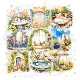 4 Packs Garden Theme Scrapbook Sticker with Sand Glitter Texture Landscape Journal Decal DIY Scene Flower Bird Courtyard Prints for Card Making Collage Arts and Crafts (Linda)
