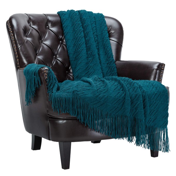 Chanasya Teal Throw Blanket with Tassels - Acrylic Knitted Super
